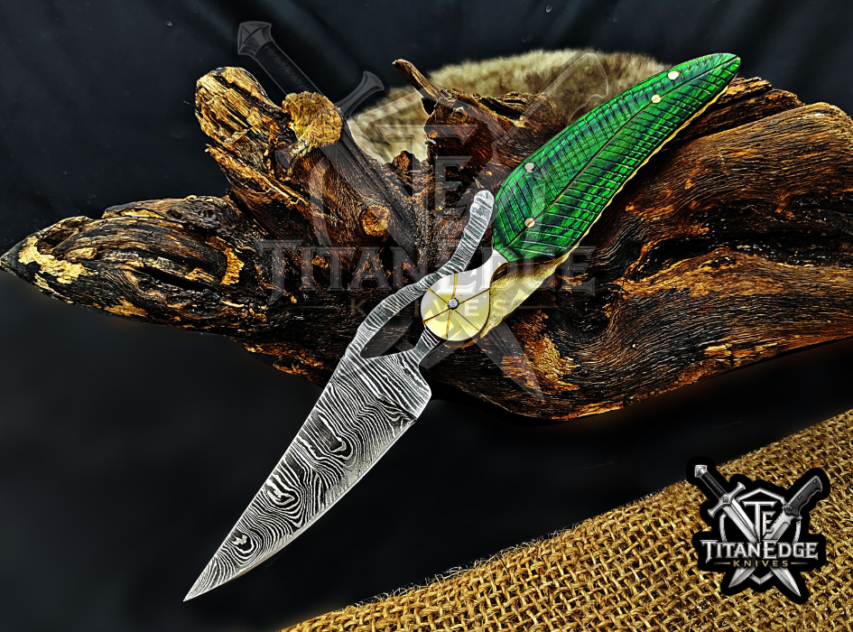 Personalized 8.5" Damascus Folding Pocket Knife, Wood Feather Handle, Brass Bolster EDC Hunting Knife, Leather Sheath
