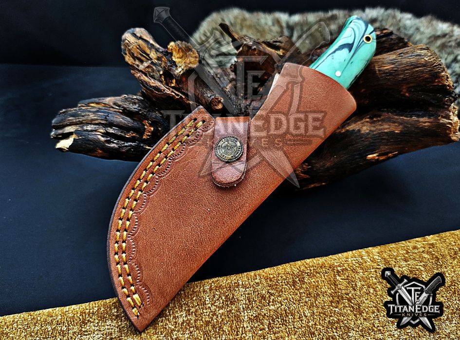 Personalized Damascus Steel Gut Hook Knife, 7.5" Fixed Blade Tracker, Resin & Wood Handle EDC Tool, Camping Tool