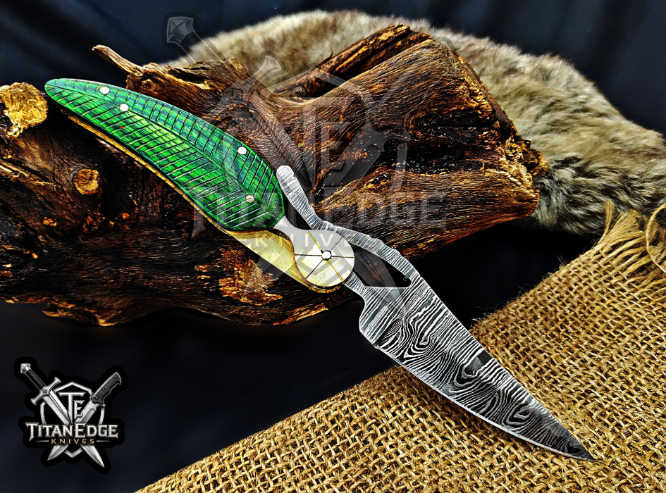 Personalized 8.5" Damascus Folding Pocket Knife, Wood Feather Handle, Brass Bolster EDC Hunting Knife, Leather Sheath