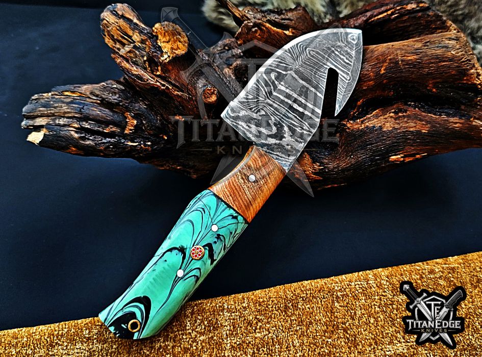 Personalized Damascus Steel Gut Hook Knife, 7.5" Fixed Blade Tracker, Resin & Wood Handle EDC Tool, Camping Tool