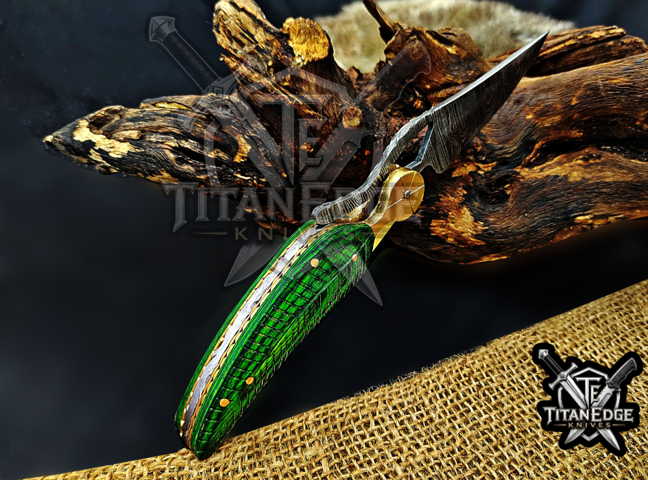 Personalized 8.5" Damascus Folding Pocket Knife, Wood Feather Handle, Brass Bolster EDC Hunting Knife, Leather Sheath