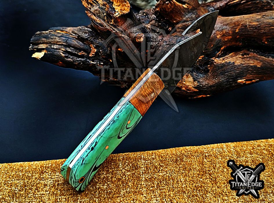 Personalized Damascus Steel Gut Hook Knife, 7.5" Fixed Blade Tracker, Resin & Wood Handle EDC Tool, Camping Tool