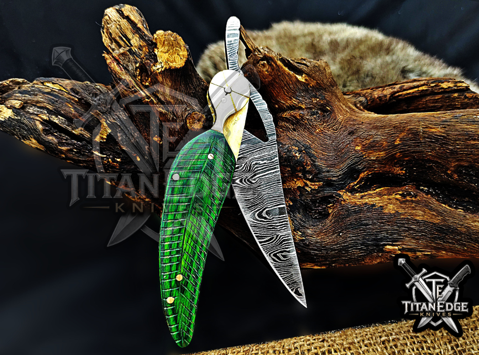 Personalized 8.5" Damascus Folding Pocket Knife, Wood Feather Handle, Brass Bolster EDC Hunting Knife, Leather Sheath