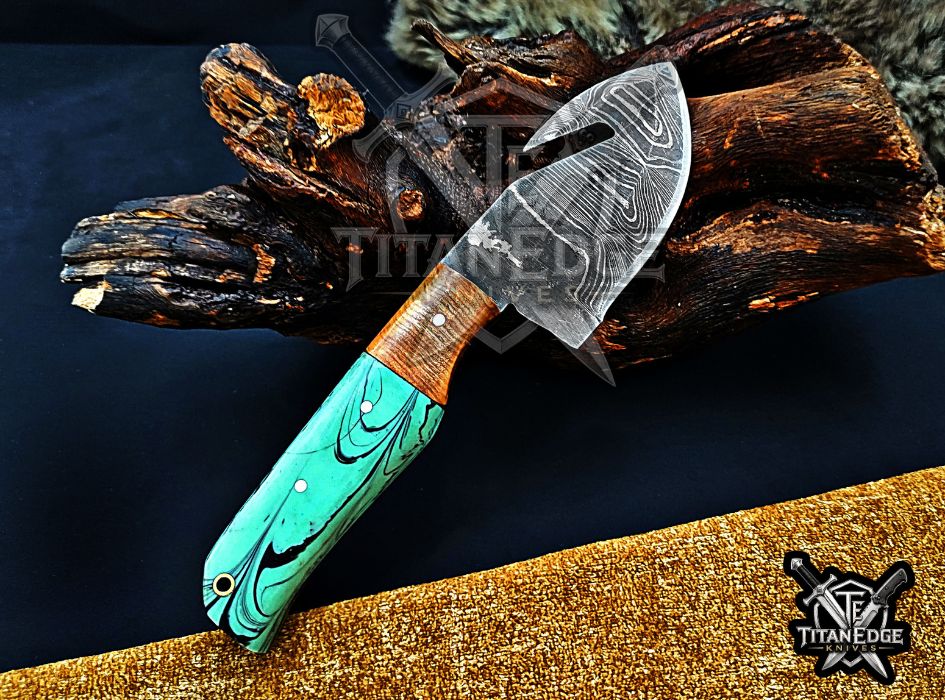 Personalized Damascus Steel Gut Hook Knife, 7.5" Fixed Blade Tracker, Resin & Wood Handle EDC Tool, Camping Tool