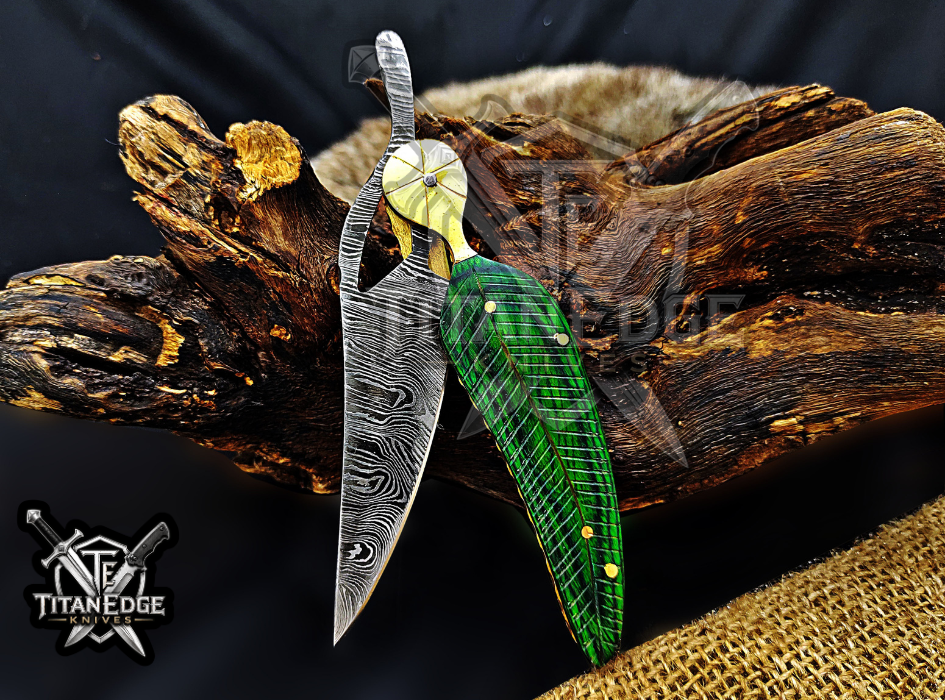Personalized 8.5" Damascus Folding Pocket Knife, Wood Feather Handle, Brass Bolster EDC Hunting Knife, Leather Sheath