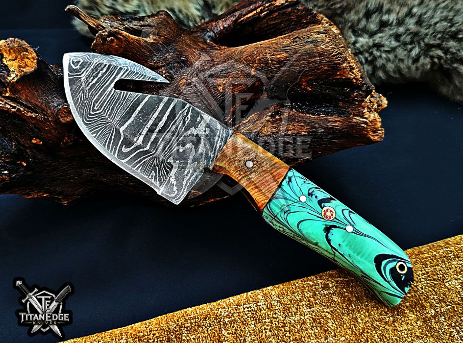 Personalized Damascus Steel Gut Hook Knife, 7.5" Fixed Blade Tracker, Resin & Wood Handle EDC Tool, Camping Tool