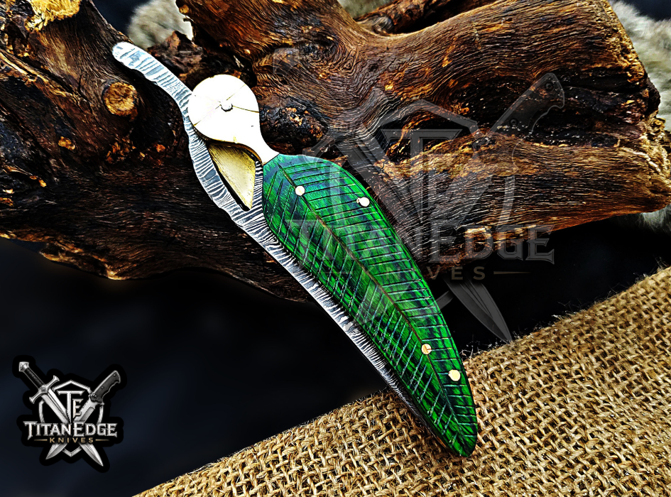 Personalized 8.5" Damascus Folding Pocket Knife, Wood Feather Handle, Brass Bolster EDC Hunting Knife, Leather Sheath