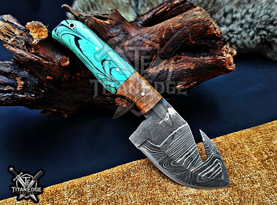 Personalized Damascus Steel Gut Hook Knife, 7.5" Fixed Blade Tracker, Resin & Wood Handle EDC Tool, Camping Tool