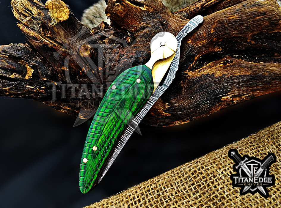 Personalized 8.5" Damascus Folding Pocket Knife, Wood Feather Handle, Brass Bolster EDC Hunting Knife, Leather Sheath