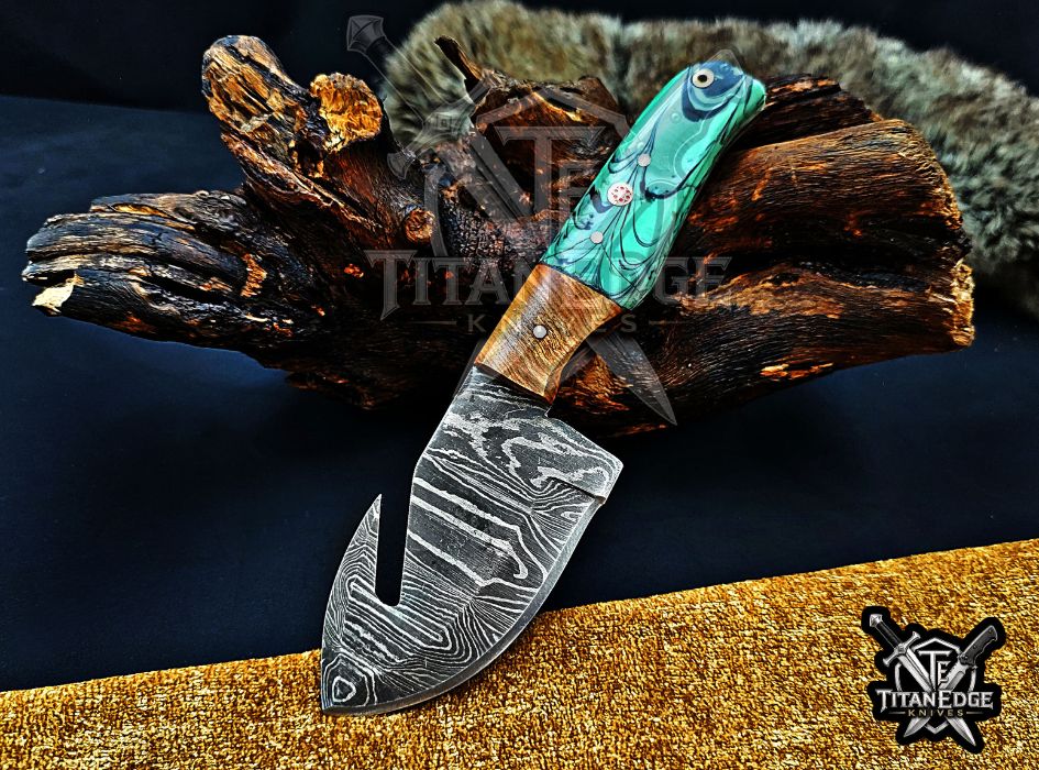Personalized Damascus Steel Gut Hook Knife, 7.5" Fixed Blade Tracker, Resin & Wood Handle EDC Tool, Camping Tool