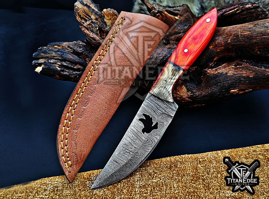 Personalized Handcrafted Damascus Hunting Knife, 8-Inch Full Tang Skinning Blade, Bushcraft EDC Tool, Wood Handle Camping Tool