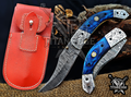 Personalized 8.5" Damascus Steel Pocket Knife, Carved Steel Bolster & Wood Handle, Folding EDC Hunting Knife w/ Sheath, Gift for Men