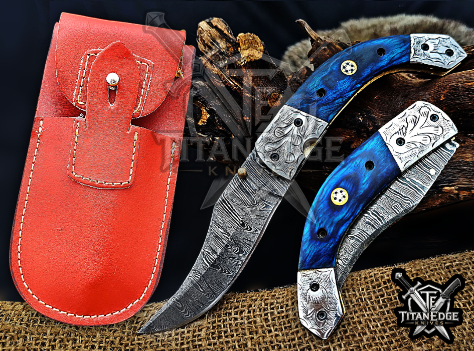 Personalized 8.5" Damascus Steel Pocket Knife, Carved Steel Bolster & Wood Handle, Folding EDC Hunting Knife w/ Sheath, Gift for Men