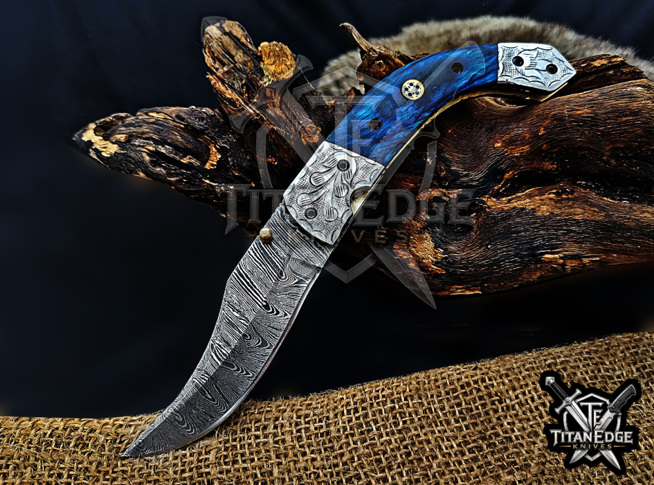 Personalized 8.5" Damascus Steel Pocket Knife, Carved Steel Bolster & Wood Handle, Folding EDC Hunting Knife w/ Sheath, Gift for Men
