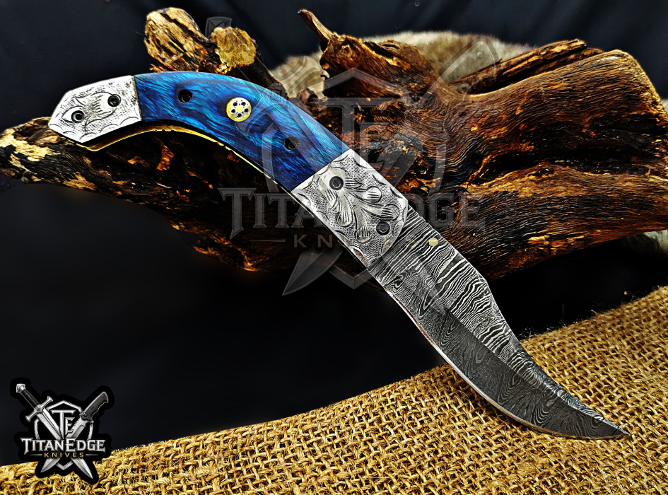 Personalized 8.5" Damascus Steel Pocket Knife, Carved Steel Bolster & Wood Handle, Folding EDC Hunting Knife w/ Sheath, Gift for Men
