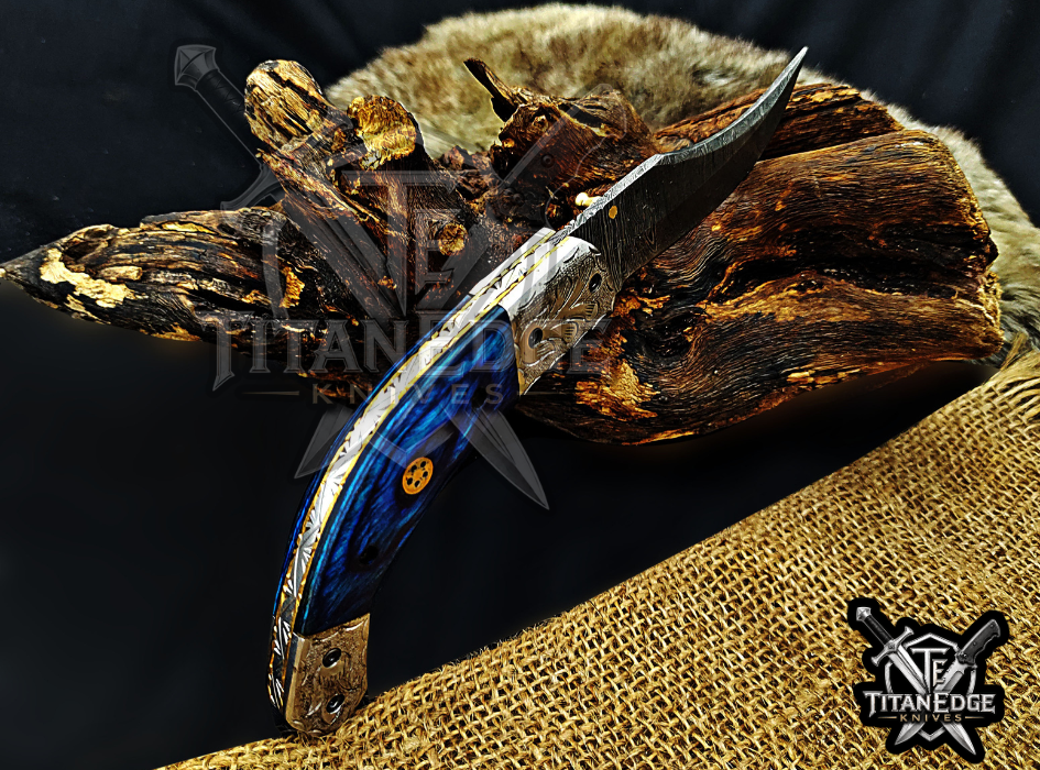 Personalized 8.5" Damascus Steel Pocket Knife, Carved Steel Bolster & Wood Handle, Folding EDC Hunting Knife w/ Sheath, Gift for Men