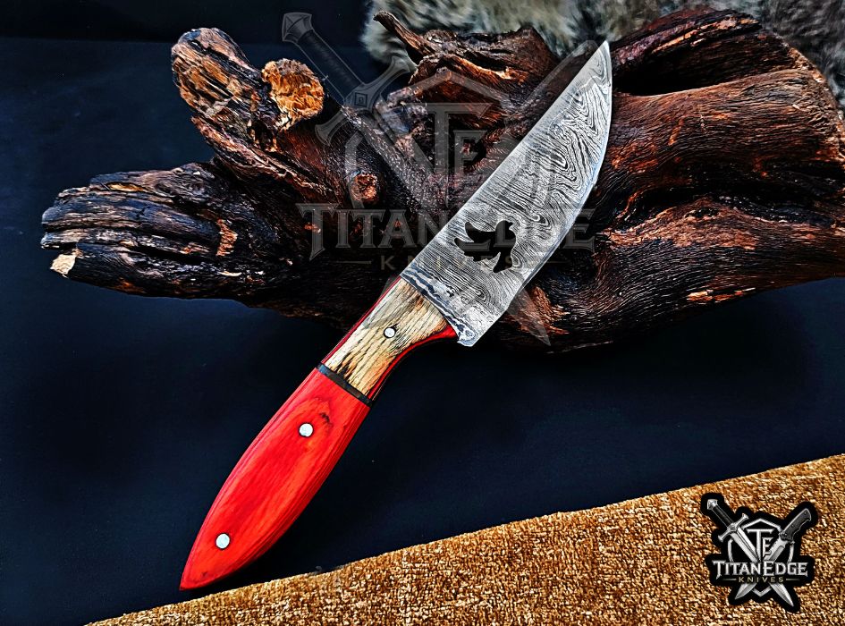 Personalized Handcrafted Damascus Hunting Knife, 8-Inch Full Tang Skinning Blade, Bushcraft EDC Tool, Wood Handle Camping Tool