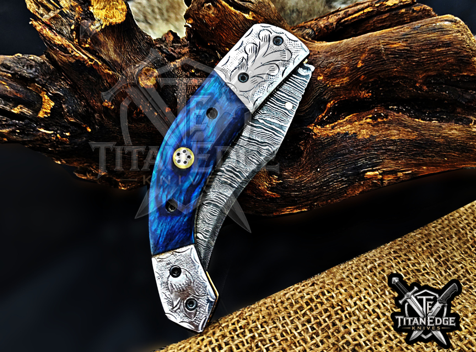 Personalized 8.5" Damascus Steel Pocket Knife, Carved Steel Bolster & Wood Handle, Folding EDC Hunting Knife w/ Sheath, Gift for Men