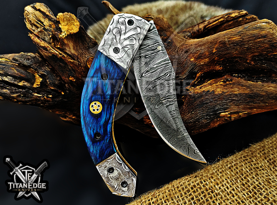 Personalized 8.5" Damascus Steel Pocket Knife, Carved Steel Bolster & Wood Handle, Folding EDC Hunting Knife w/ Sheath, Gift for Men