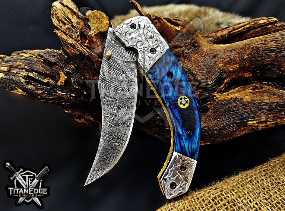 Personalized 8.5" Damascus Steel Pocket Knife, Carved Steel Bolster & Wood Handle, Folding EDC Hunting Knife w/ Sheath, Gift for Men