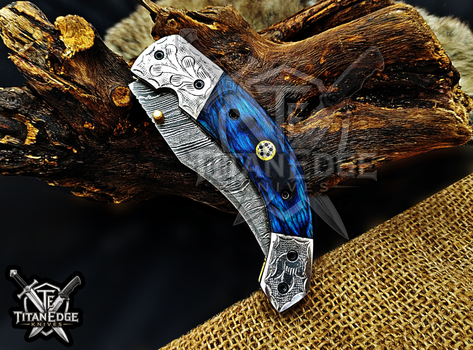 Personalized 8.5" Damascus Steel Pocket Knife, Carved Steel Bolster & Wood Handle, Folding EDC Hunting Knife w/ Sheath, Gift for Men