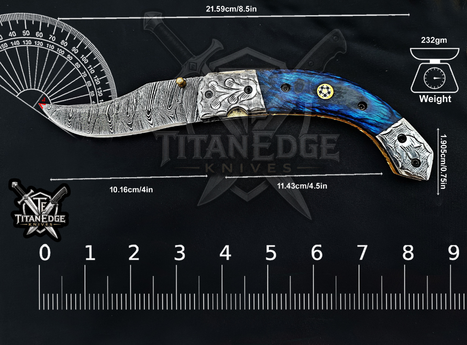Personalized 8.5" Damascus Steel Pocket Knife, Carved Steel Bolster & Wood Handle, Folding EDC Hunting Knife w/ Sheath, Gift for Men