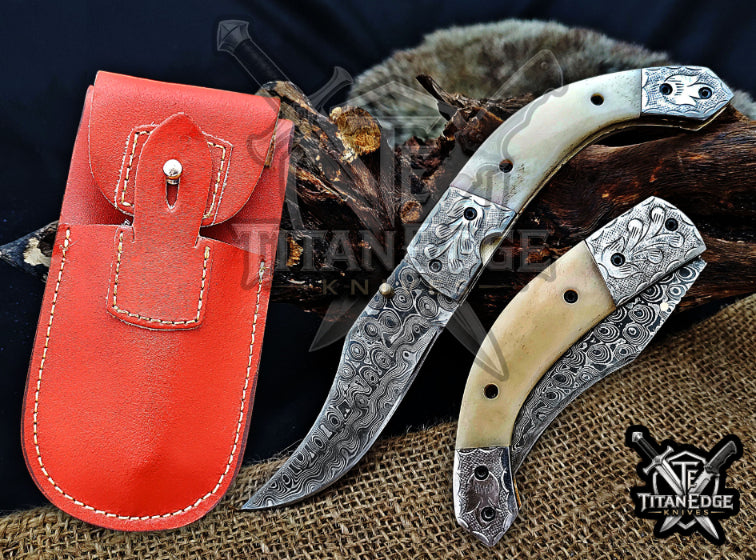 Personalized 8.5" Damascus Steel Pocket Knife, Carved Steel Bolster & Bone Handle, Folding EDC Hunting Knife w/ Sheath, Gift for Men