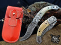 Personalized 8.5" Damascus Steel Pocket Knife, Carved Steel Bolster & Bone Handle, Folding EDC Hunting Knife w/ Sheath, Gift for Men