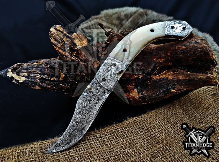 Personalized 8.5" Damascus Steel Pocket Knife, Carved Steel Bolster & Bone Handle, Folding EDC Hunting Knife w/ Sheath, Gift for Men