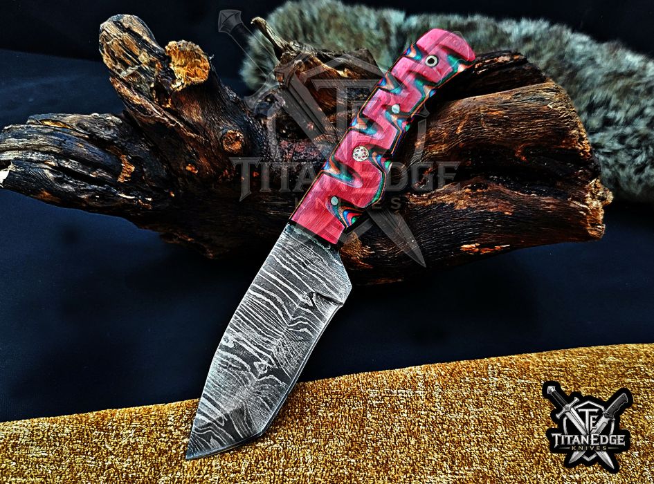 Personalized Handcrafted Damascus Hunting Knife, 7.5-Inch Full Tang Skinning Blade, Bushcraft EDC Tool, Wood Handle Camping Tool