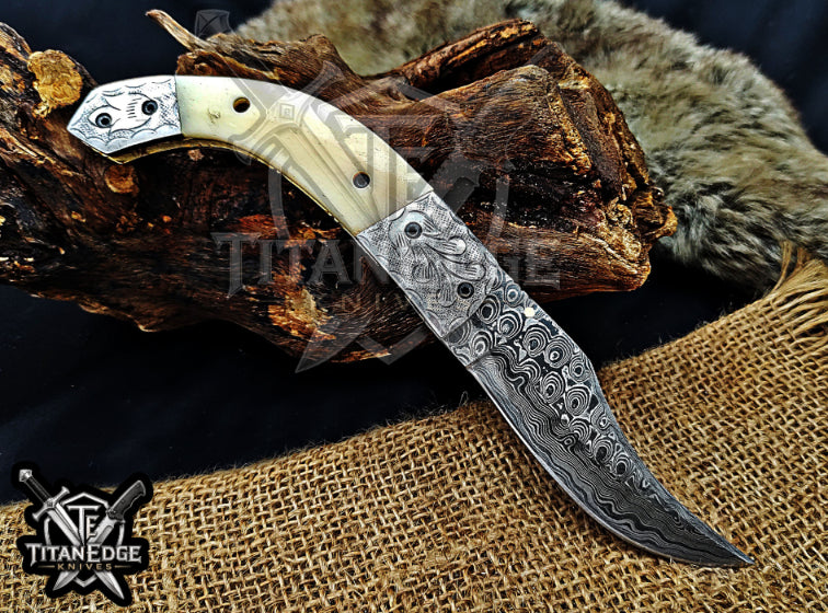 Personalized 8.5" Damascus Steel Pocket Knife, Carved Steel Bolster & Bone Handle, Folding EDC Hunting Knife w/ Sheath, Gift for Men