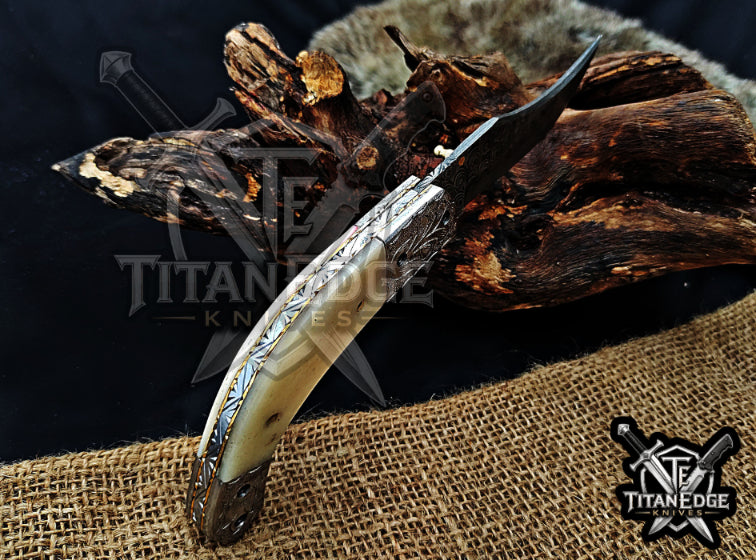 Personalized 8.5" Damascus Steel Pocket Knife, Carved Steel Bolster & Bone Handle, Folding EDC Hunting Knife w/ Sheath, Gift for Men