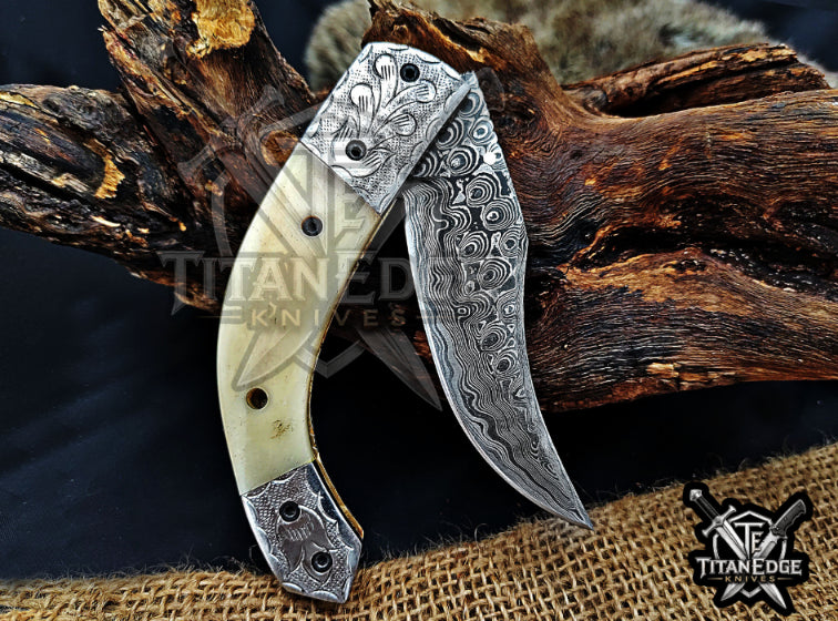 Personalized 8.5" Damascus Steel Pocket Knife, Carved Steel Bolster & Bone Handle, Folding EDC Hunting Knife w/ Sheath, Gift for Men