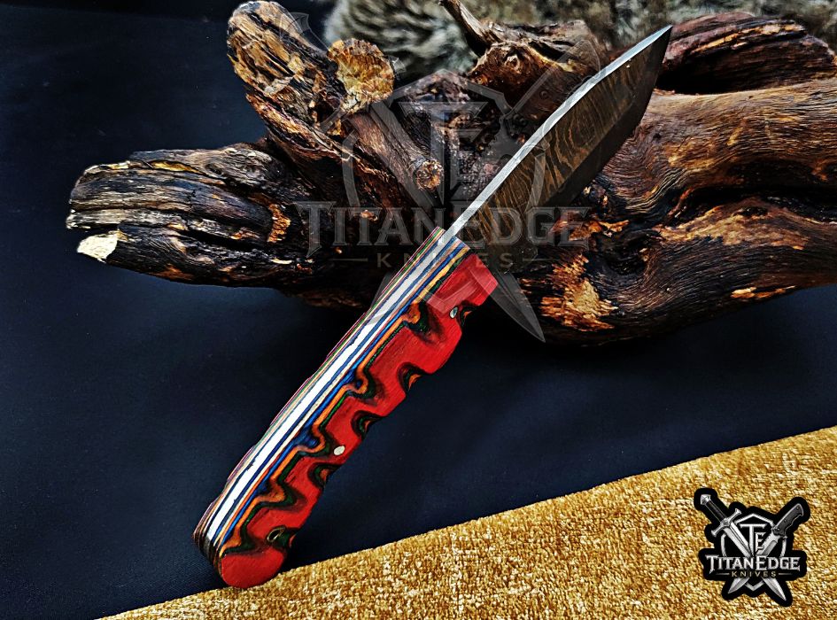 Personalized Handcrafted Damascus Hunting Knife, 7.5-Inch Full Tang Skinning Blade, Bushcraft EDC Tool, Wood Handle Camping Tool