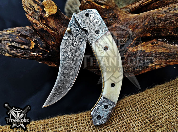 Personalized 8.5" Damascus Steel Pocket Knife, Carved Steel Bolster & Bone Handle, Folding EDC Hunting Knife w/ Sheath, Gift for Men