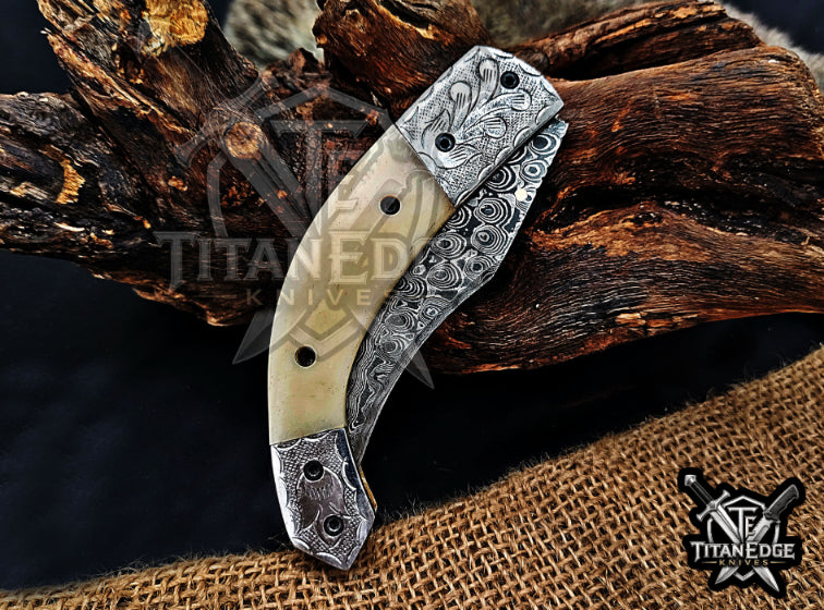 Personalized 8.5" Damascus Steel Pocket Knife, Carved Steel Bolster & Bone Handle, Folding EDC Hunting Knife w/ Sheath, Gift for Men