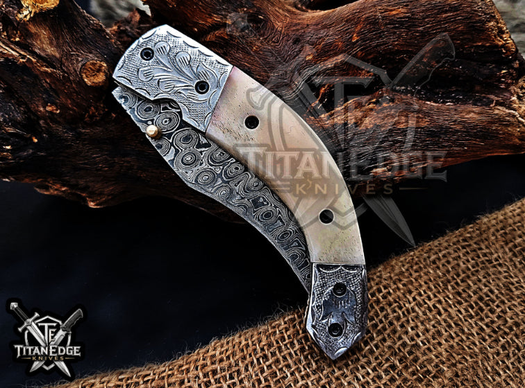 Personalized 8.5" Damascus Steel Pocket Knife, Carved Steel Bolster & Bone Handle, Folding EDC Hunting Knife w/ Sheath, Gift for Men