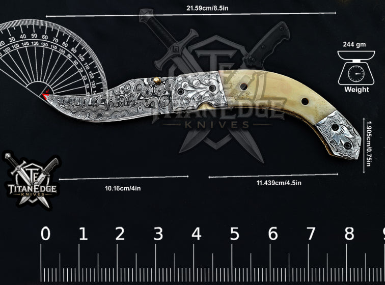 Personalized 8.5" Damascus Steel Pocket Knife, Carved Steel Bolster & Bone Handle, Folding EDC Hunting Knife w/ Sheath, Gift for Men