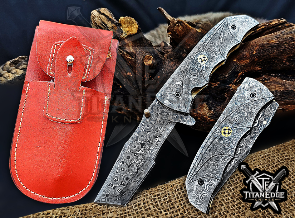 Custom 7.75" Damascus Steel Pocket Knife, Raindrop Damascus Handle, Personalized EDC Hunting Knife With Leather Sheath, Groomsmen Gift