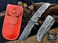 Custom 7.75" Damascus Steel Pocket Knife, Raindrop Damascus Handle, Personalized EDC Hunting Knife With Leather Sheath, Groomsmen Gift