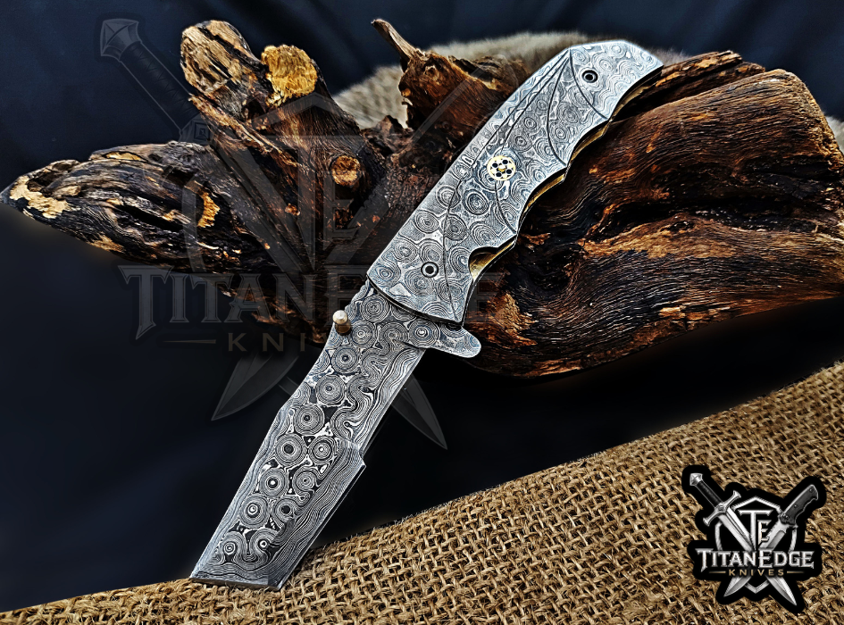 Custom 7.75" Damascus Steel Pocket Knife, Raindrop Damascus Handle, Personalized EDC Hunting Knife With Leather Sheath, Groomsmen Gift