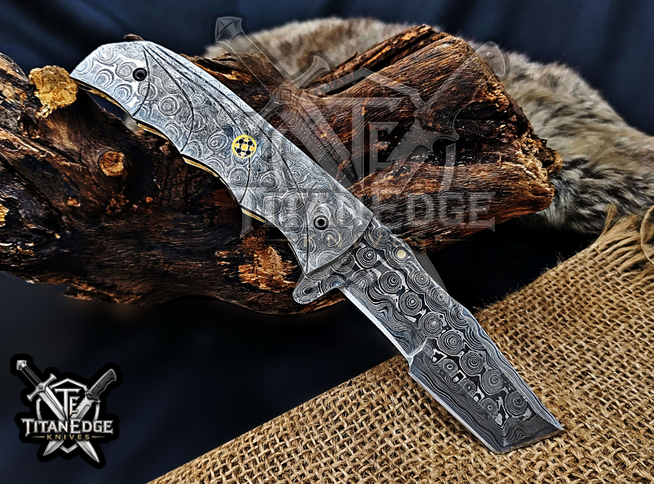 Custom 7.75" Damascus Steel Pocket Knife, Raindrop Damascus Handle, Personalized EDC Hunting Knife With Leather Sheath, Groomsmen Gift