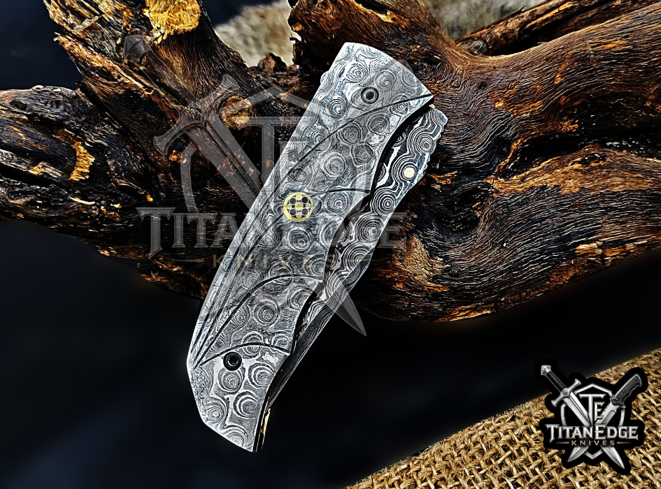 Custom 7.75" Damascus Steel Pocket Knife, Raindrop Damascus Handle, Personalized EDC Hunting Knife With Leather Sheath, Groomsmen Gift