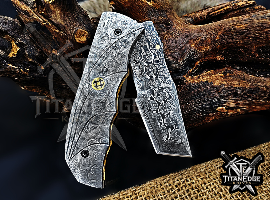 Custom 7.75" Damascus Steel Pocket Knife, Raindrop Damascus Handle, Personalized EDC Hunting Knife With Leather Sheath, Groomsmen Gift