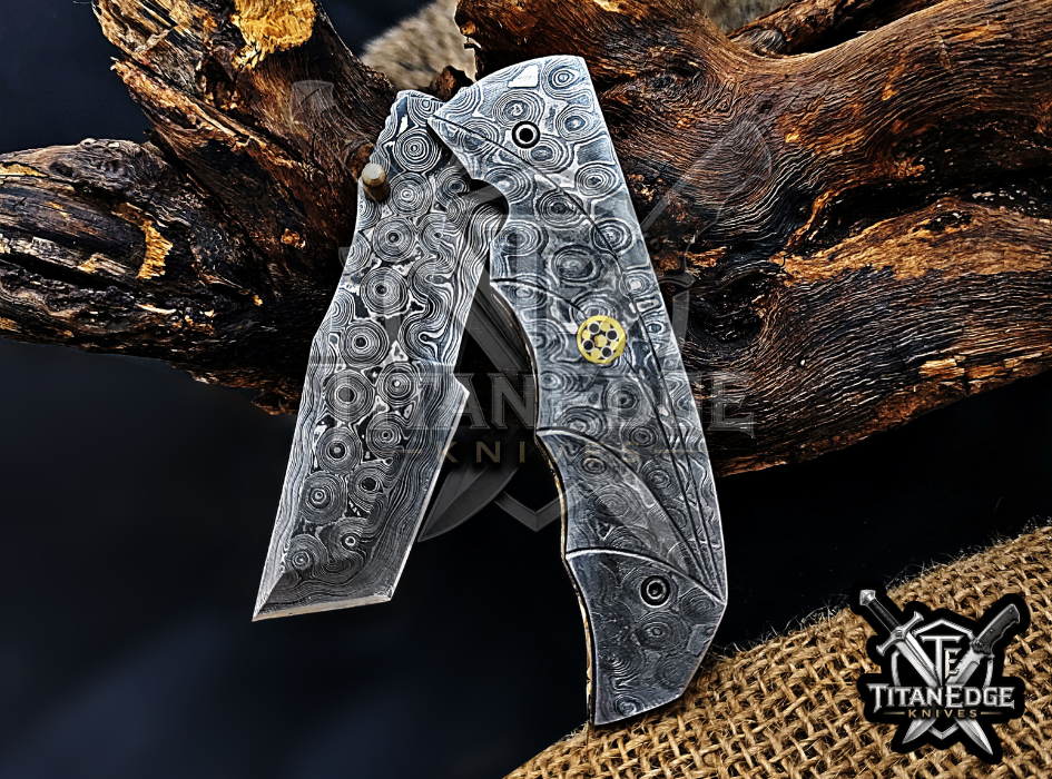 Custom 7.75" Damascus Steel Pocket Knife, Raindrop Damascus Handle, Personalized EDC Hunting Knife With Leather Sheath, Groomsmen Gift