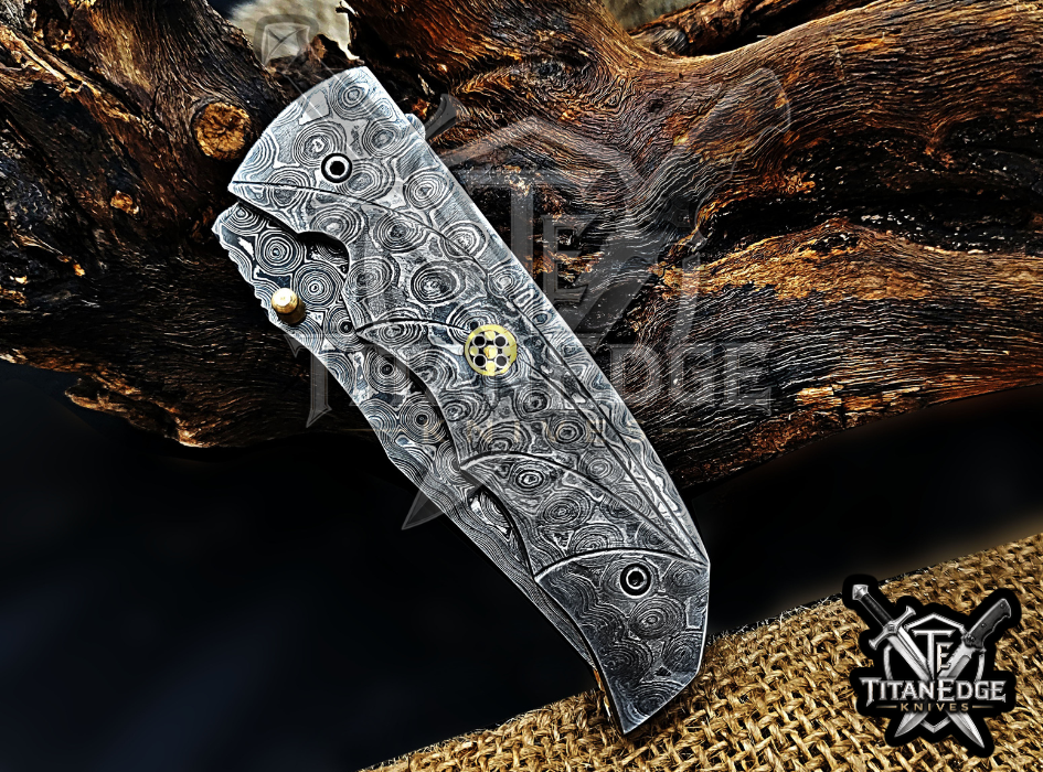 Custom 7.75" Damascus Steel Pocket Knife, Raindrop Damascus Handle, Personalized EDC Hunting Knife With Leather Sheath, Groomsmen Gift