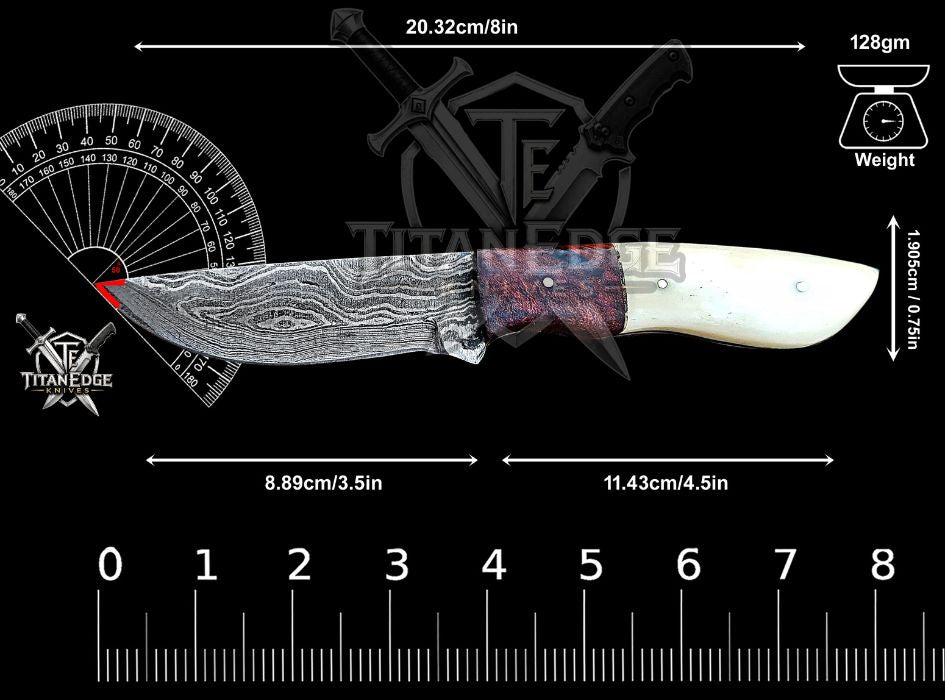 Personalized Handcrafted Damascus Hunting Knife, 8-Inch Full Tang Skinning Blade, Bushcraft EDC Tool, Bone & Wood Handle Camping Tool