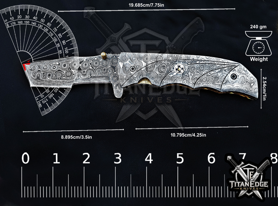 Custom 7.75" Damascus Steel Pocket Knife, Raindrop Damascus Handle, Personalized EDC Hunting Knife With Leather Sheath, Groomsmen Gift