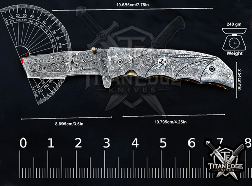 Custom 7.75" Damascus Steel Pocket Knife, Raindrop Damascus Handle, Personalized EDC Hunting Knife With Leather Sheath, Groomsmen Gift