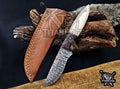 Personalized Handcrafted Damascus Hunting Knife, 8.5-Inch Full Tang Skinning Blade, Bushcraft EDC Tool, Wood & Bone Handle Camping Tool